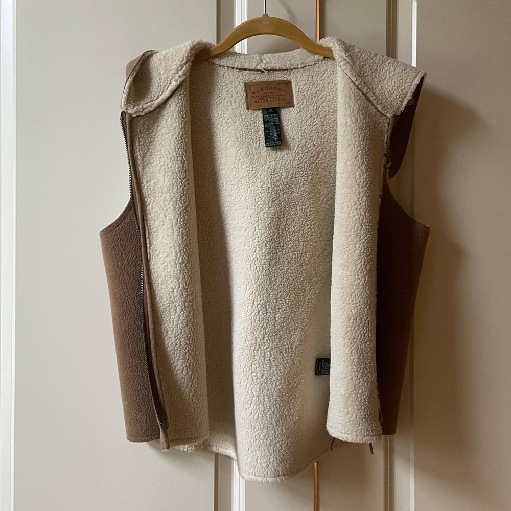 Like New Ralph Lauren Authentic Camel Suede And Sherpa Hooded Zip up Vest - Picture 3 of 7